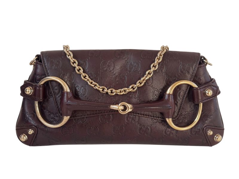 GUCCI VINTAGE BROWN GG MONOGRAM LEATHER HORSEBIT BAG W STUDS