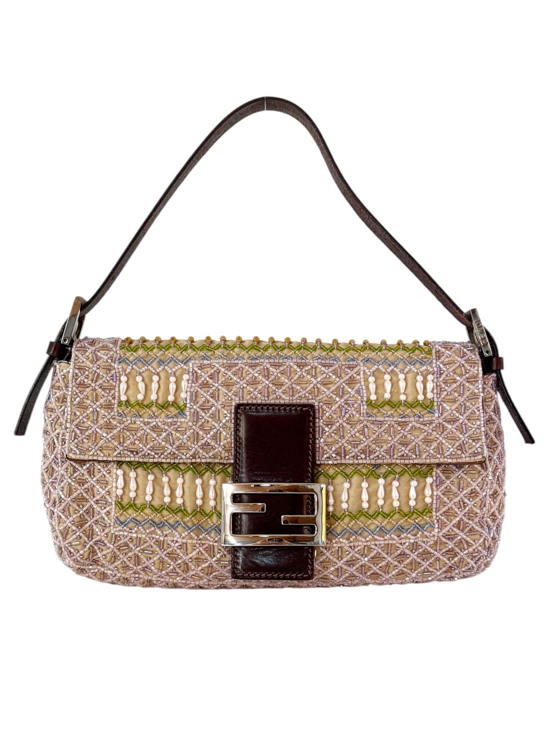 FENDI VINTAGE BEADED BAGUETTE WITH LEATHER TRIM SHOULDER BAG