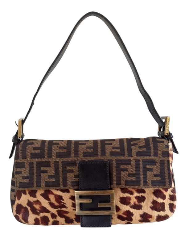 FENDI VINTAGE FF ZUCCA AND LEOPARD PRINT PONY HAIR BAGUETTE SHOULDER BAG