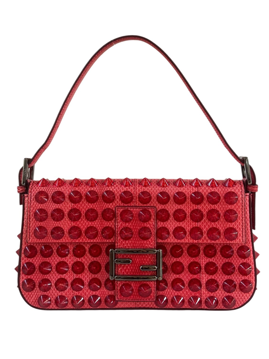 FENDI RED SNAKESKIN SPIKE STUDDED BAGUETTE SHOULDER BAG