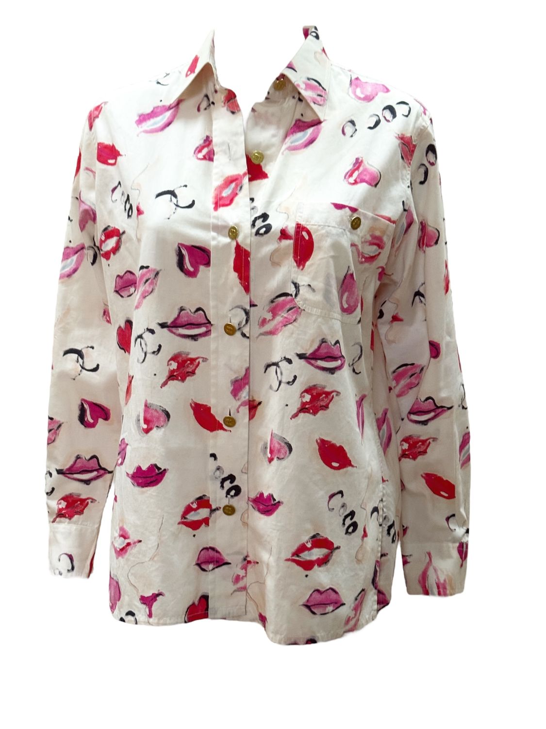 CHANEL VINTAGE 1995 COTTON CC LIPS PRINT BUTTON DOWN BLOUSE TOP