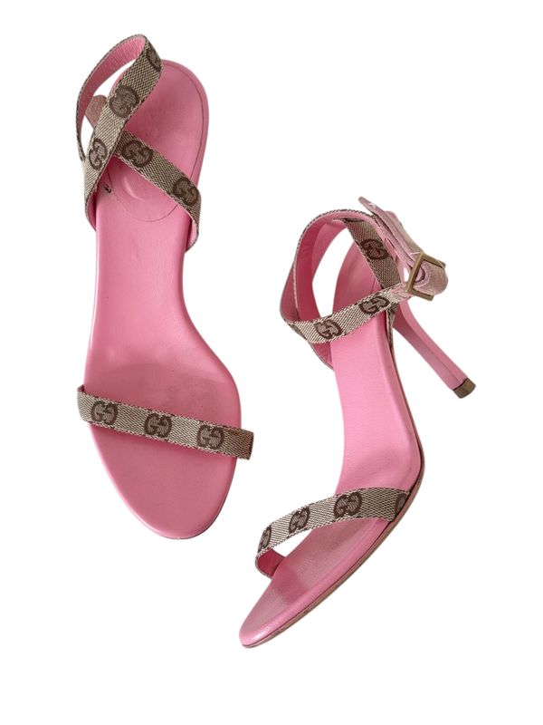 GUCCI VINTAGE GG MONOGRAM PINK LEATHER SANDAL HEELS / US 8