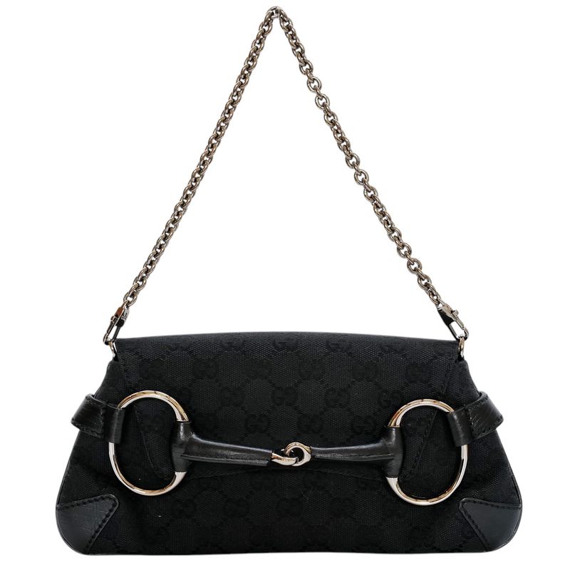 GUCCI HORSEBIT GG CANVAS &amp; LEATHER BLACK POCHETTE BAG