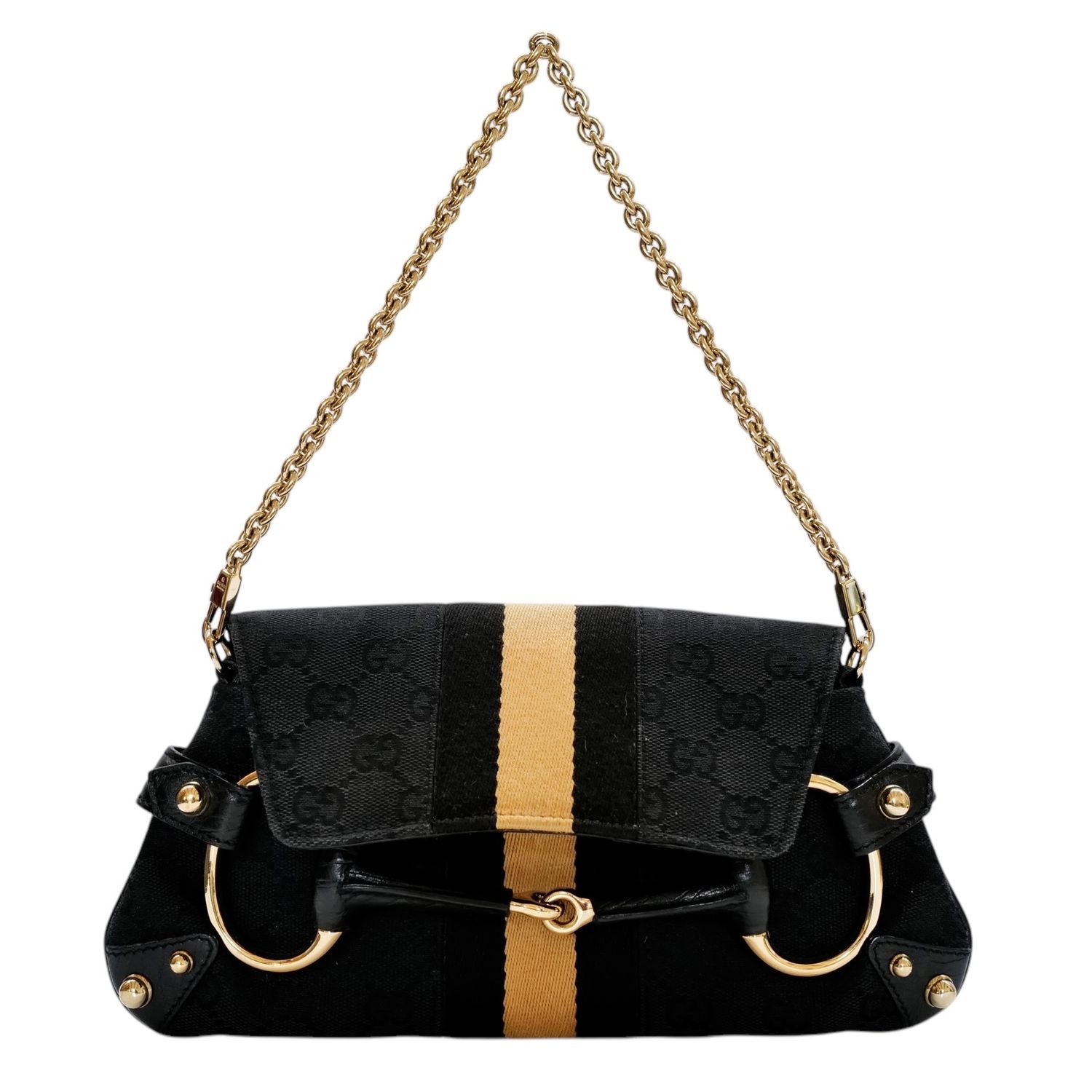 GUCCI HORSEBIT GG CANVAS BLACK &amp; IVORY STRIPE POCHETTE BAG