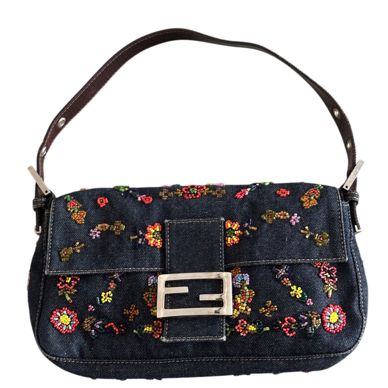 FENDI VINTAGE DENIM FLORAL BEADED  BAGUETTE SHOULDER BAG