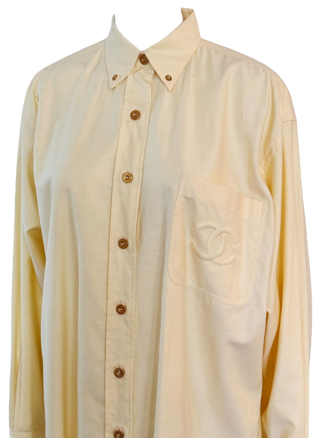 CHANEL VINTAGE YELLOW CC OVERSIZED BUTTON DOWN BLOUSE TOP