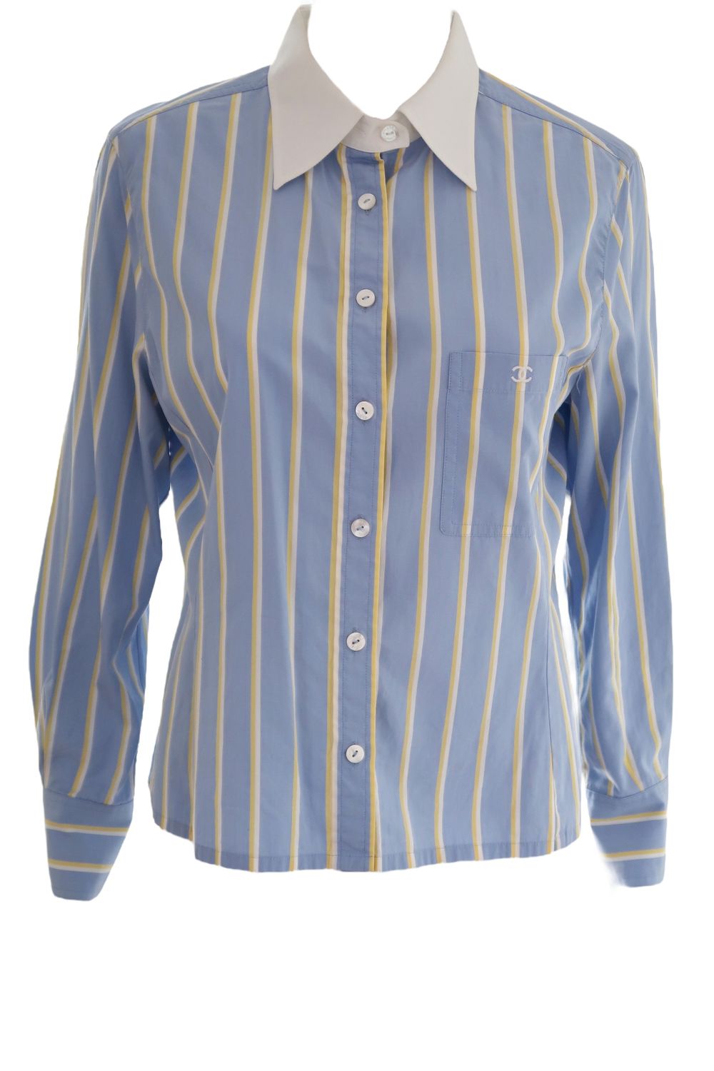 CHANEL VINTAGE BLUE YELLOW STRIPE CC BUTTON DOWN BLOUSE TOP