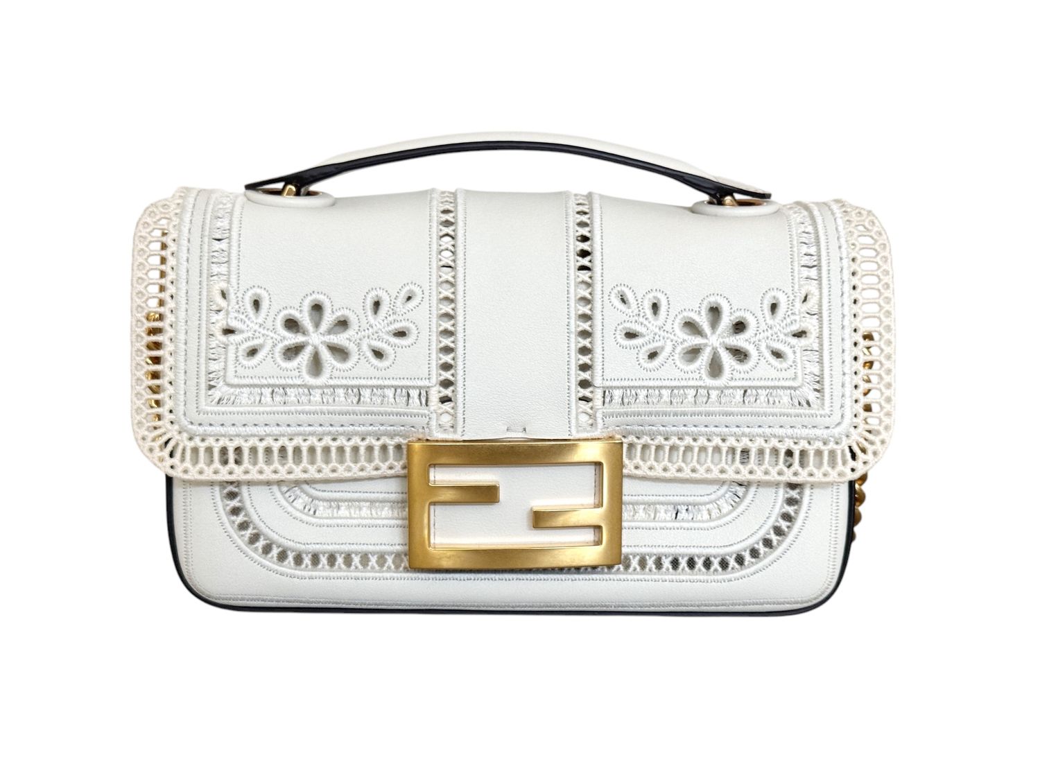 FENDI WHITE LEATHER FLORAL CROCHET  BAGUETTE BAG