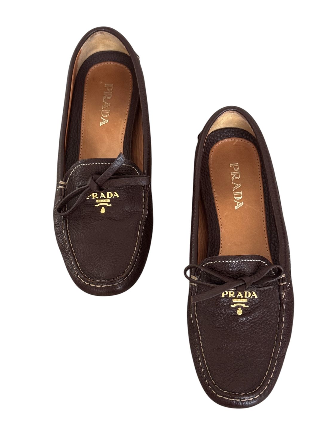 PRADA VINTAGE BROWN LEATHER BOW MOCCASINS LOAFERS / IT 37.5