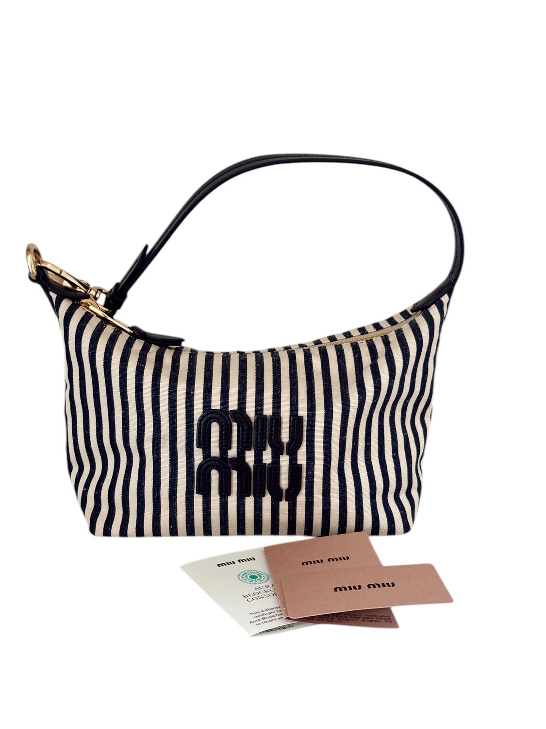 MIU MIU STRIPE PRINT NAVY WHITE MINI HOBO BAG