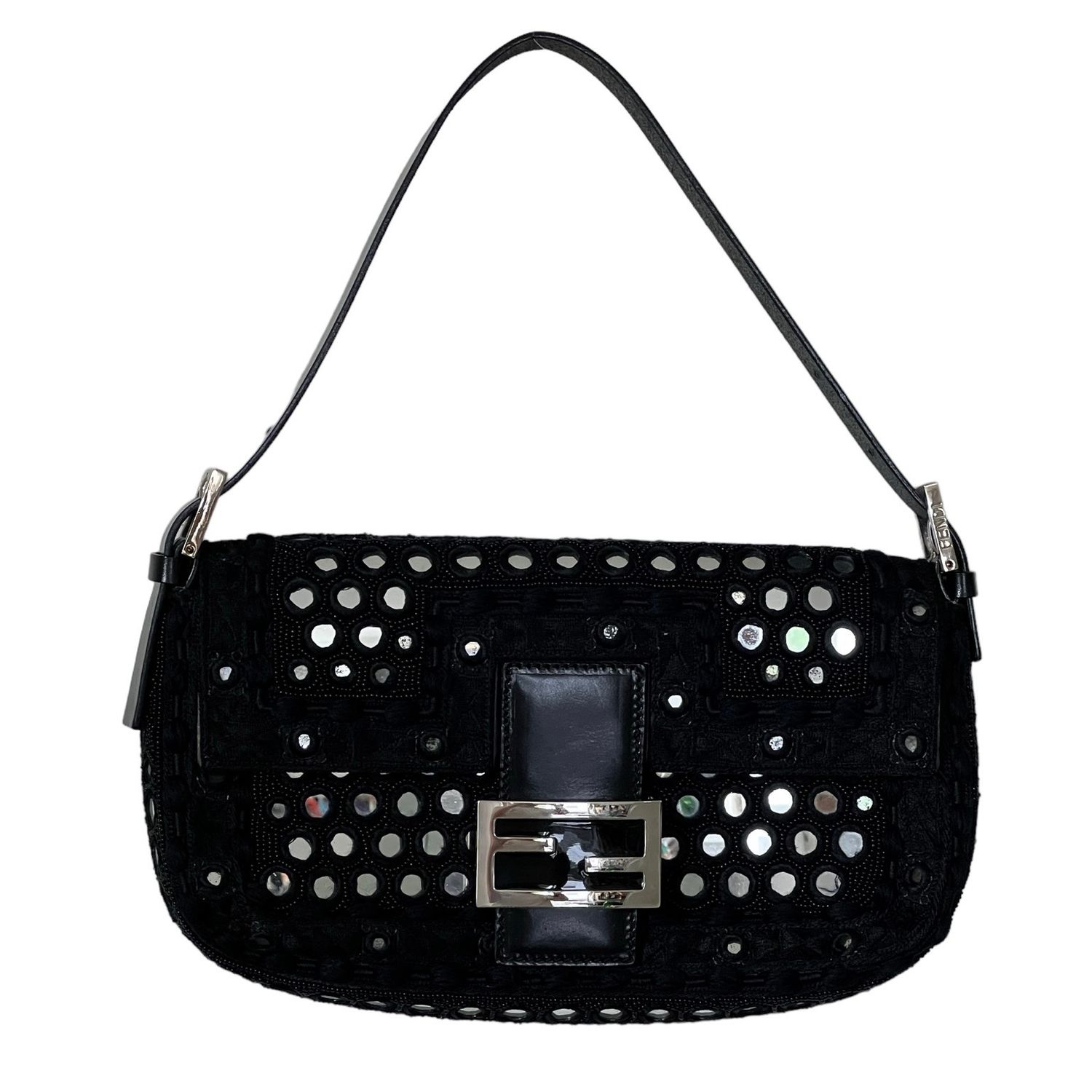 FENDI VINTAGE BEADED EMBROIDERED MIRROR BAGUETTE SHOULDER BAG