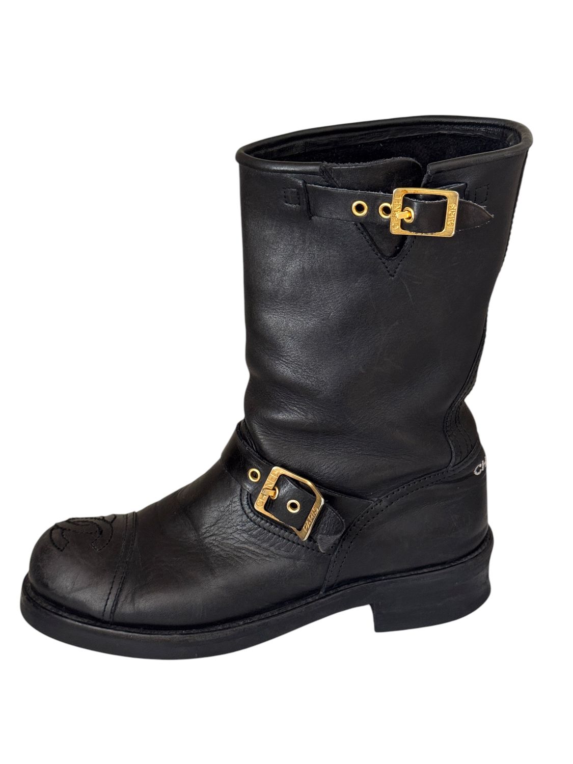 CHANEL VINTAGE CC LOGO BLACK LEATHER MOTORCYCLE COMBAT BOOTS IT 37.5