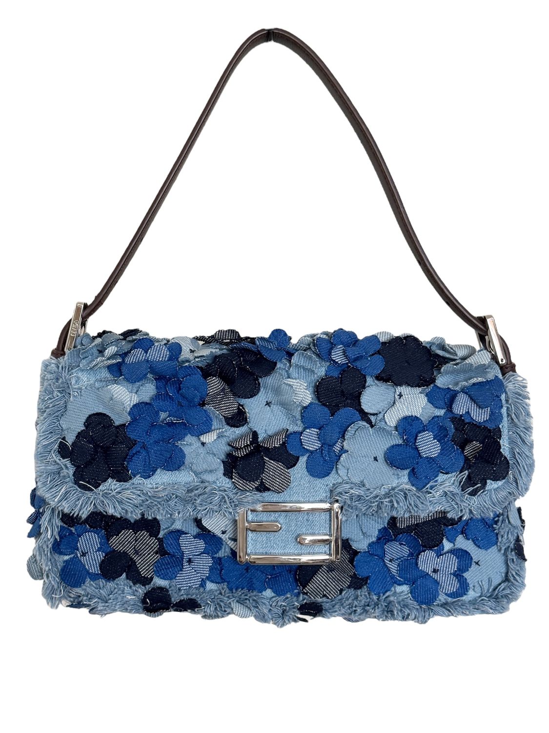 FENDI DENIM FLORAL FLOWER BAGUETTE BAG