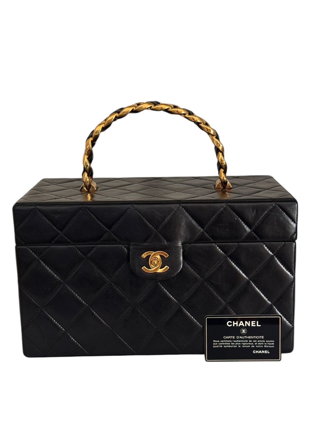 CHANEL VINTAGE BLACK QUILTED LEATHER MATELASSE BOX FLAP VANITY WITH CHAIN TOP HANDLE