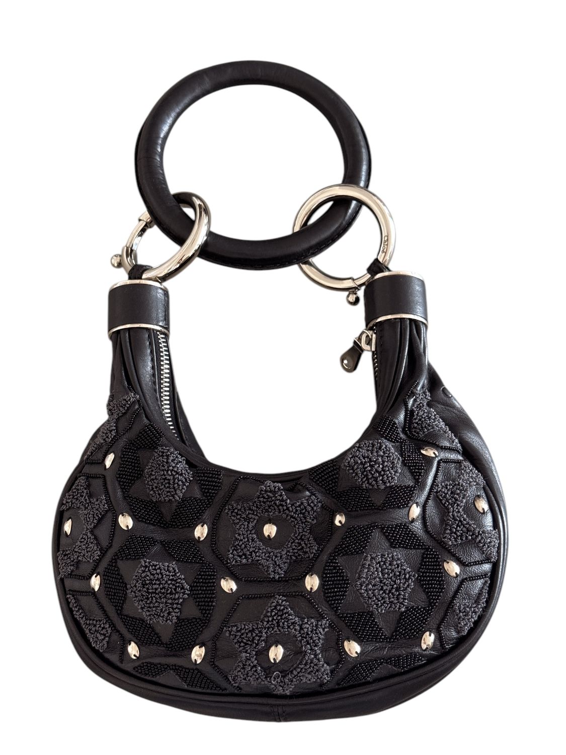 CHLOE VINTAGE PHEOBE PHILO BLACK LEATHER EMBELLISHED MINI HOBO BAG