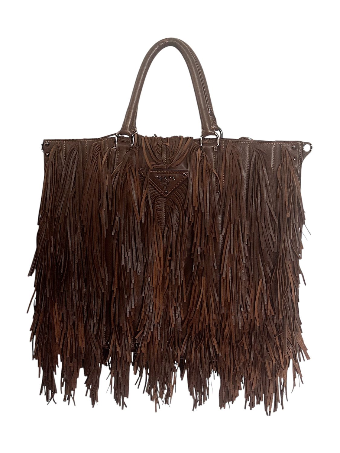 PRADA BROWN LEATHER FRINGE SHOULDER TOTE BAG