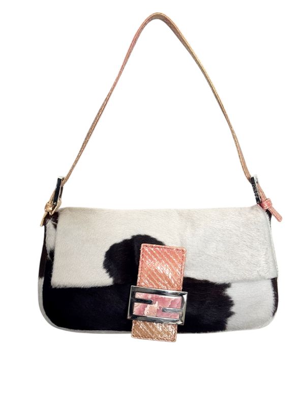 FENDI VINTAGE COW PRINT PONY HAIR AND PYTHON BAGUETTE SHOULDER BAG