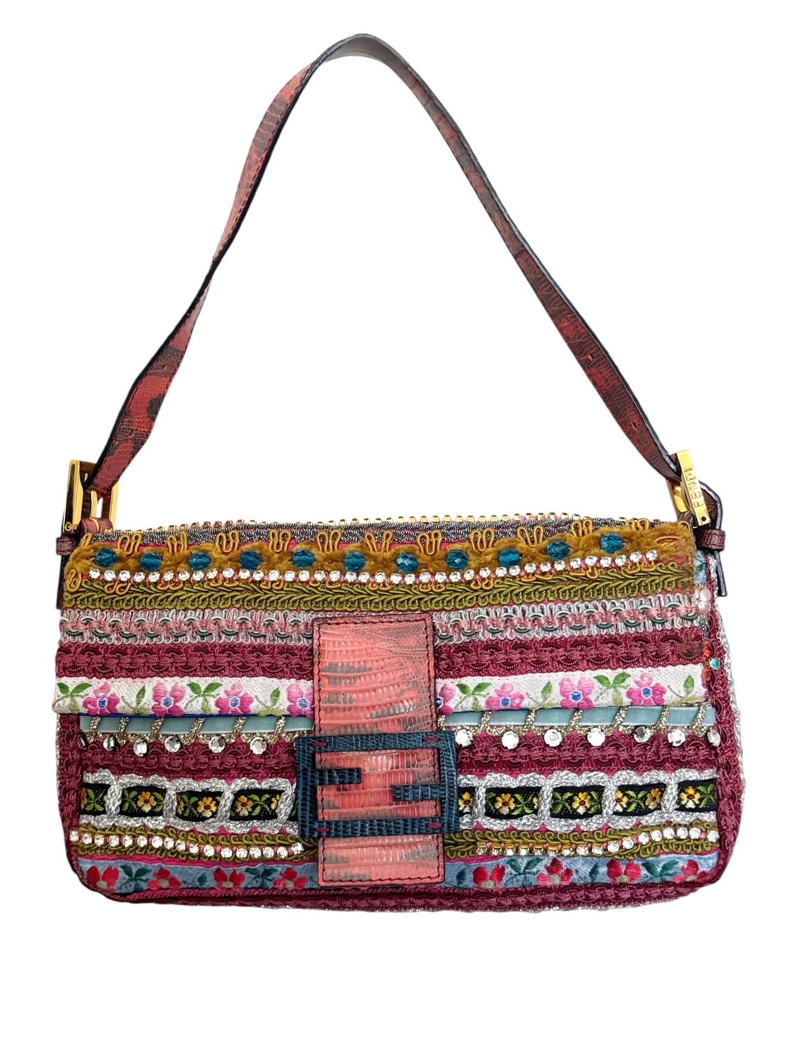 FENDI VINTAGE MULTI MATERIAL AND BEADING BAGUETTE SHOULDER BAG WITH LIZARD TRIM