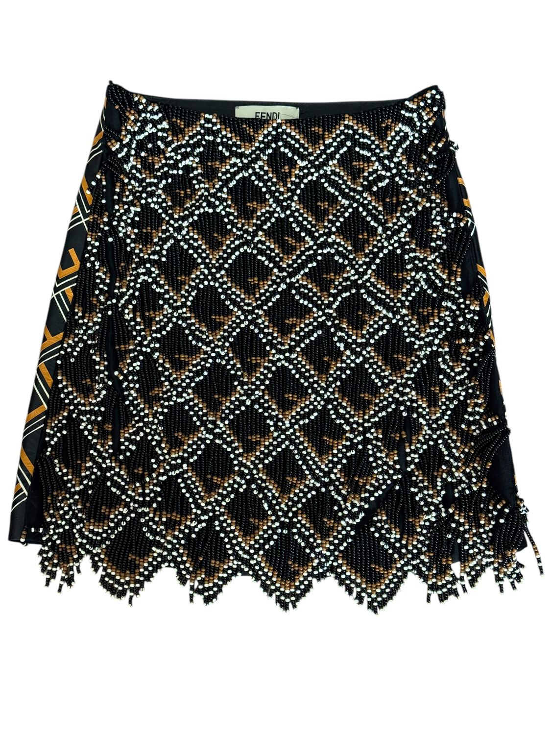 FENDI FF LOGO LEATHER AND BEADED SKIRT