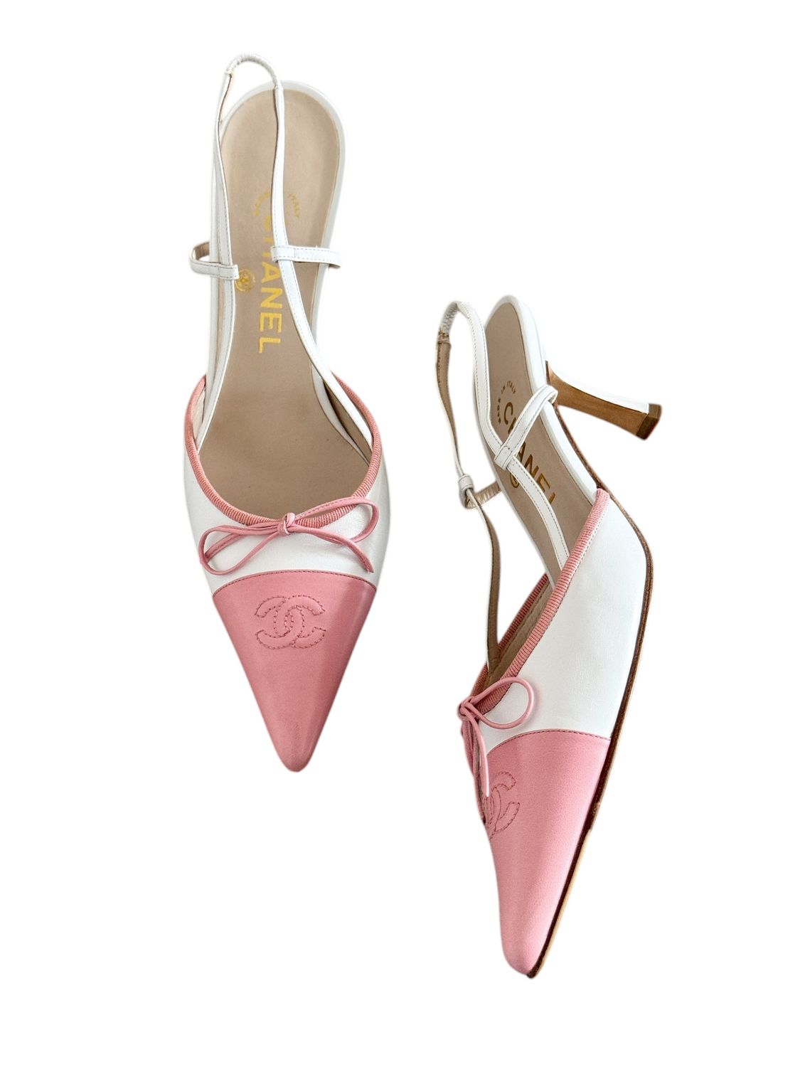 CHANEL VINTAGE WHITE AND PINK LEATHER CC SLINGBACK HEELS / IT 39.5