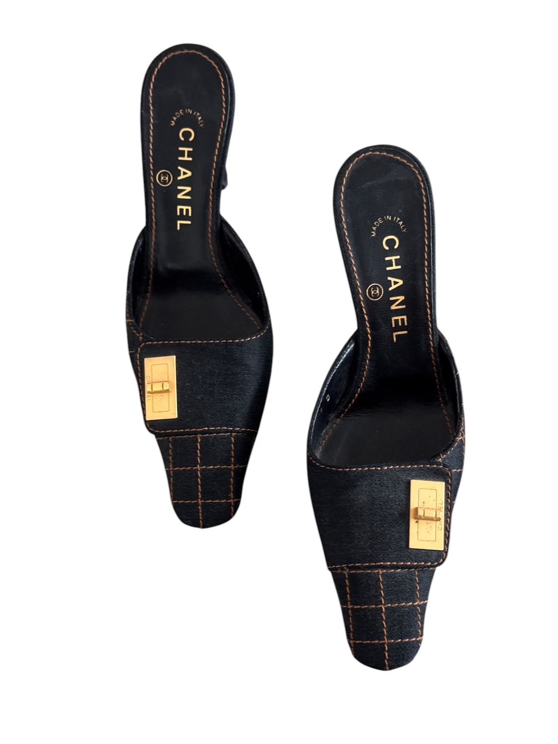 CHANEL VINTAGE REISSUE LOCK QUILTED DENIM MULES HEELS / IT 37
