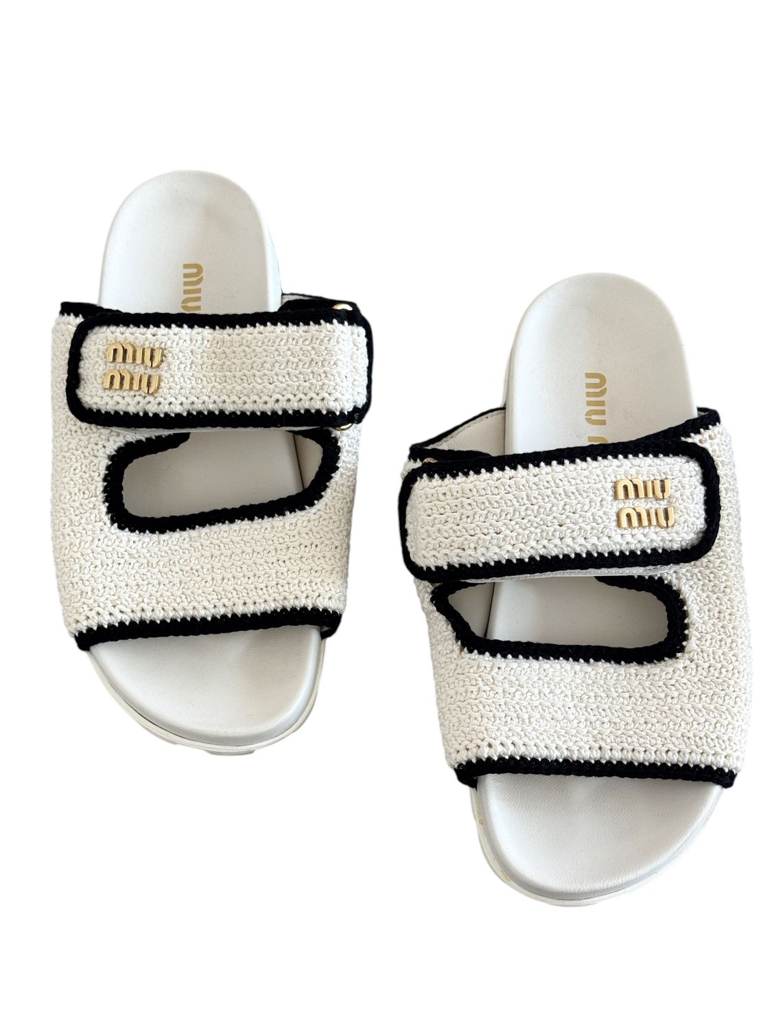 MIU MIU WHITE BLACK CROCHET VELCRO SLIDES SANDALS FLATS / IT 36