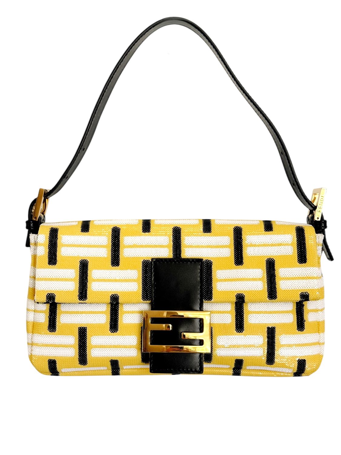 FENDI RARE LIMITED EDITION SEQUIN YELLOW BLACK WHITE BAGUETTE SHOULDER BAG