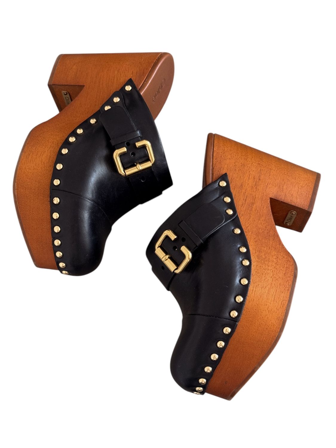 CHLOE BLACK LEATHER WOOD PLATFORM CLOG HEELS / IT 38