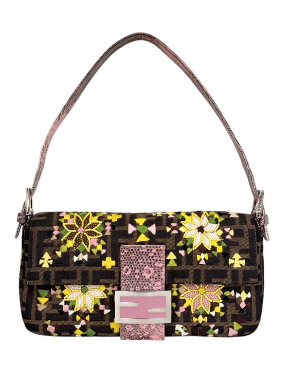 FENDI VINTAGE BEADED ZUCCA PRINT BAGUETTE SHOULDER BAG WITH LIZARD TRIM DETAIL