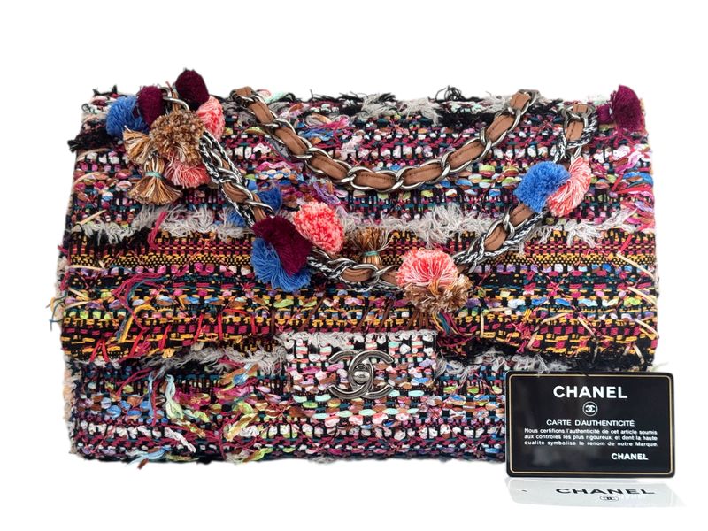 CHANEL RARE MULTICOLOR TWEED POM POM JUMBO SINGLE FLAP SHOULDER BAG