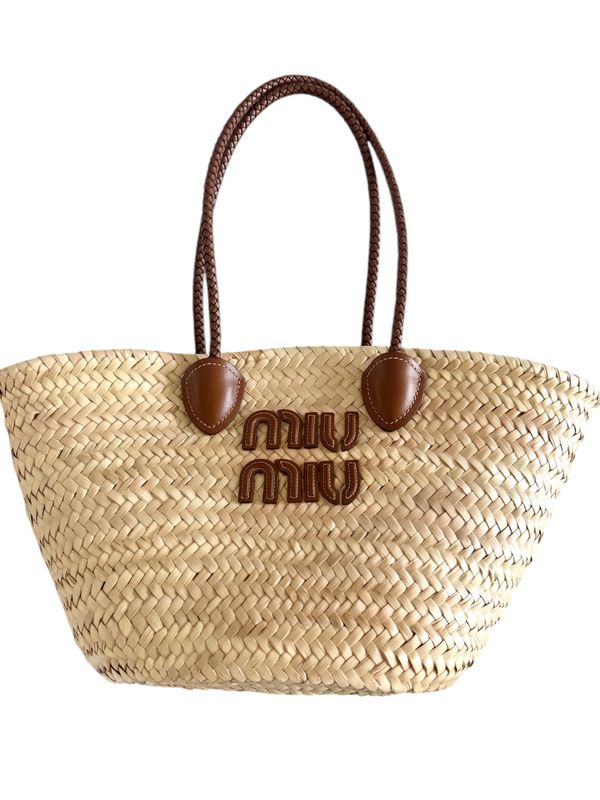 MIU MIU LARGE RAFFIA STRAW BASKET BEACH TOTE BAG