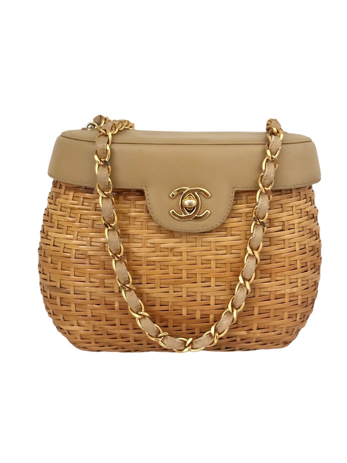 VINTAGE CHANEL WICKER &amp; LEATHER RATTAN STRAW BASKET SHOULDER CROSSBODY BAG