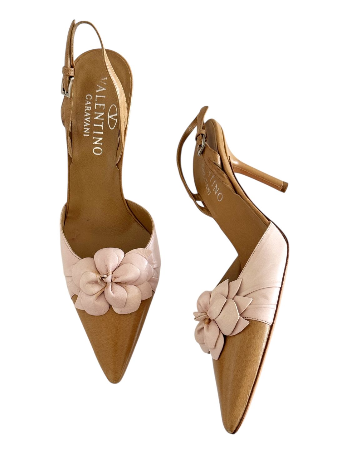 VALENTINO GARAVANI TAN &amp; PINK LEATHER FLORAL SLINGBACK HEELS / IT 37.5