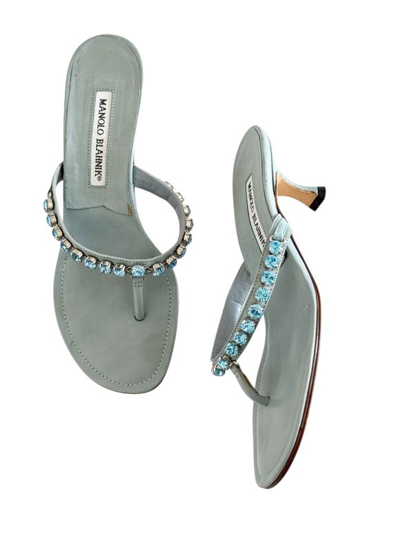 MANOLO BLAHNIK BLUE RHINESTONE AND LEATHER SANDALS HEELS / IT 37