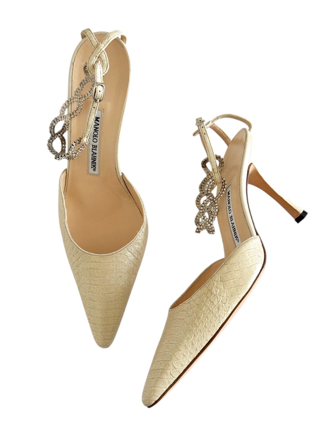 MANOLO BLAHNIK PALE YELLOW LIZARD LEATHER RHINSTONE HEELS - NEW  / IT 40
