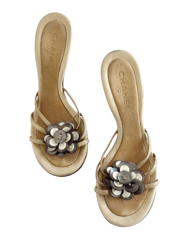 CHANEL VINTAGE CC LOGO LEATHER SLIDES HEELS WITH SHELL DETAILS / IT 38