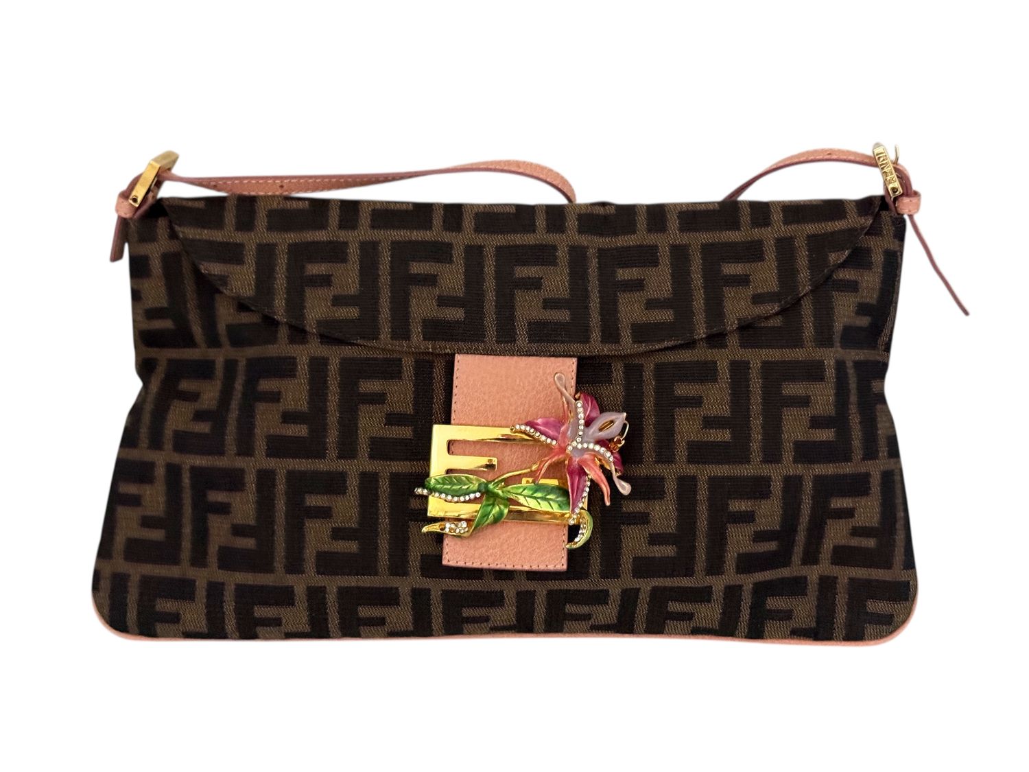 FENDI VINTAGE FF ZUCCA FLAP WITH LIZARD TRIM AND FLORAL BUCKLE DETAIL BAGUETTE BAG