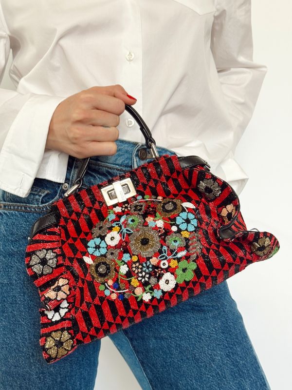 FENDI PEEKABOO RED FLORAL BEADED 2-WAY TOP HANDLE SHOULDER BAG