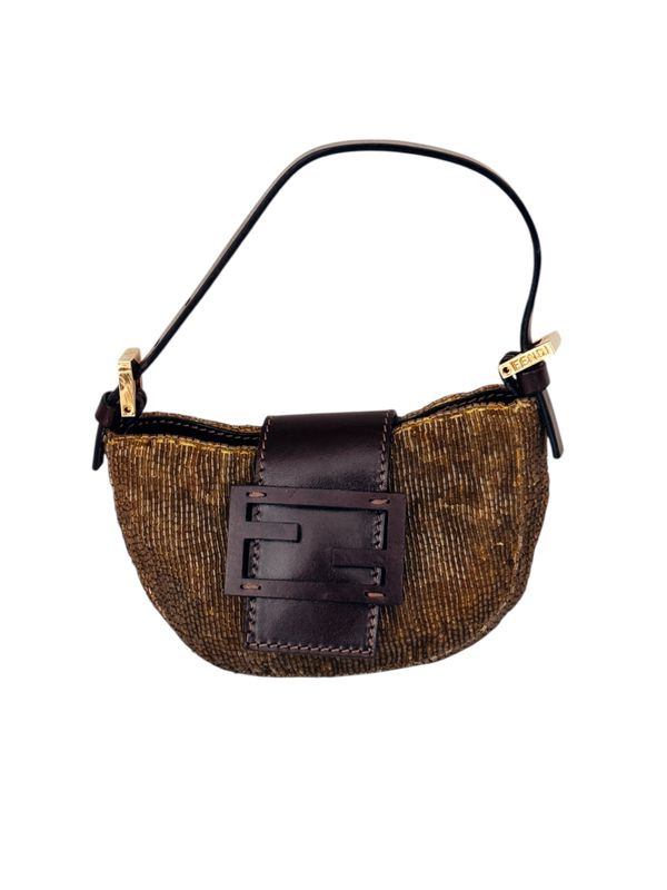 FENDI VINTAGE BRONZE GOLD BEADED LEATHER MINI MOON CROISSANT BAG