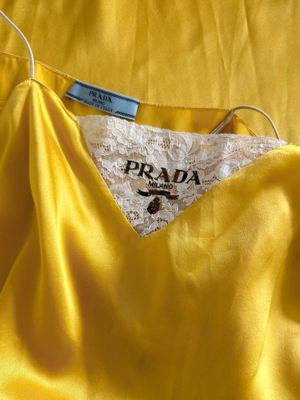PRADA LACE AND YELLOW SILK LOGO SLIP DRESS
