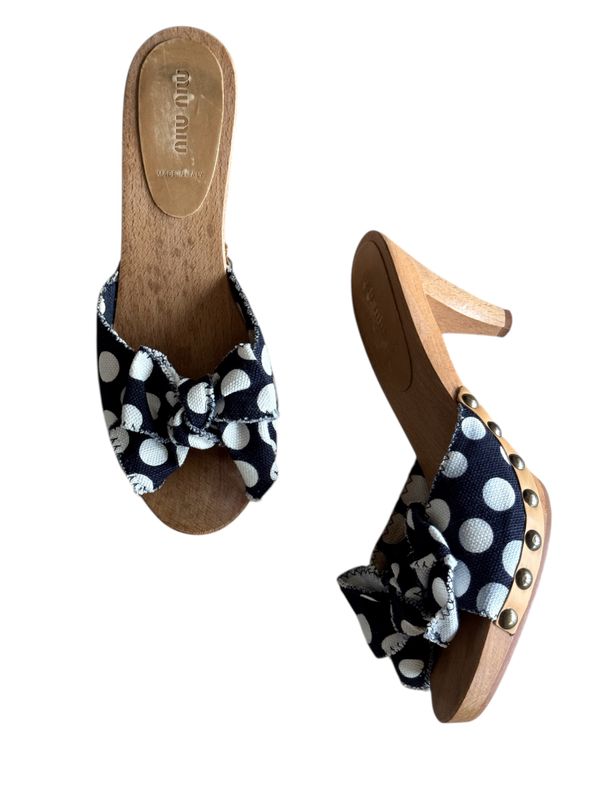 MIU MIU POLKA DOT BOW SLIDES SANDALS HEELS / IT 39