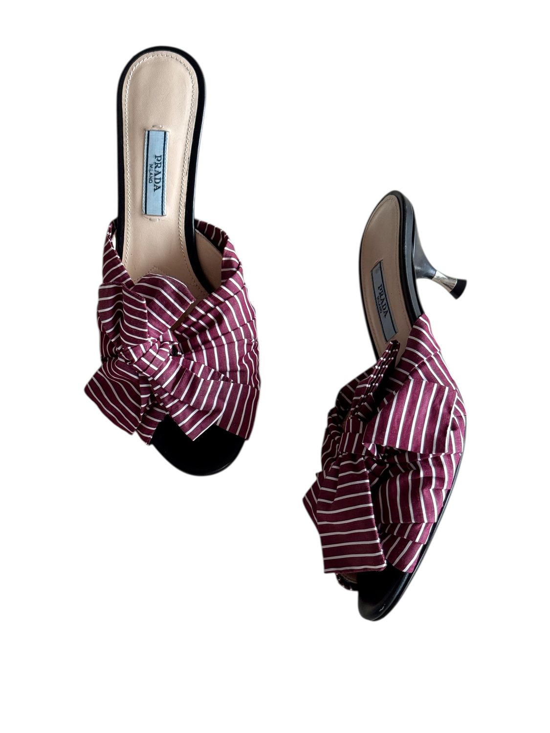 PRADA RED STRIPE BOW SLIDES HEELS / IT 36.5