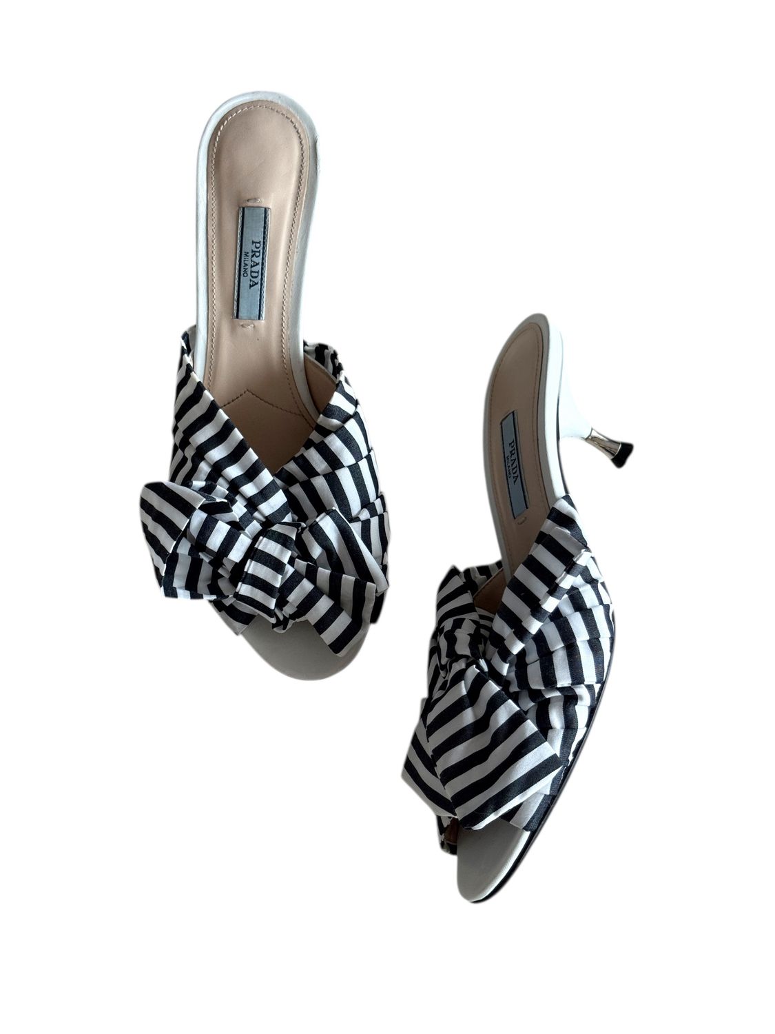 PRADA NAVY STRIPE BOW SLIDES HEELS / IT 37