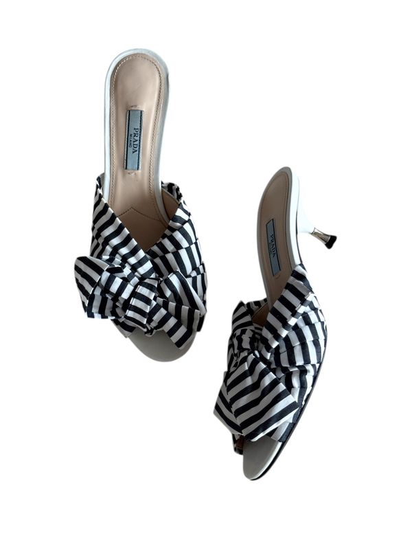 PRADA NAVY STRIPE BOW SLIDES HEELS / IT 37