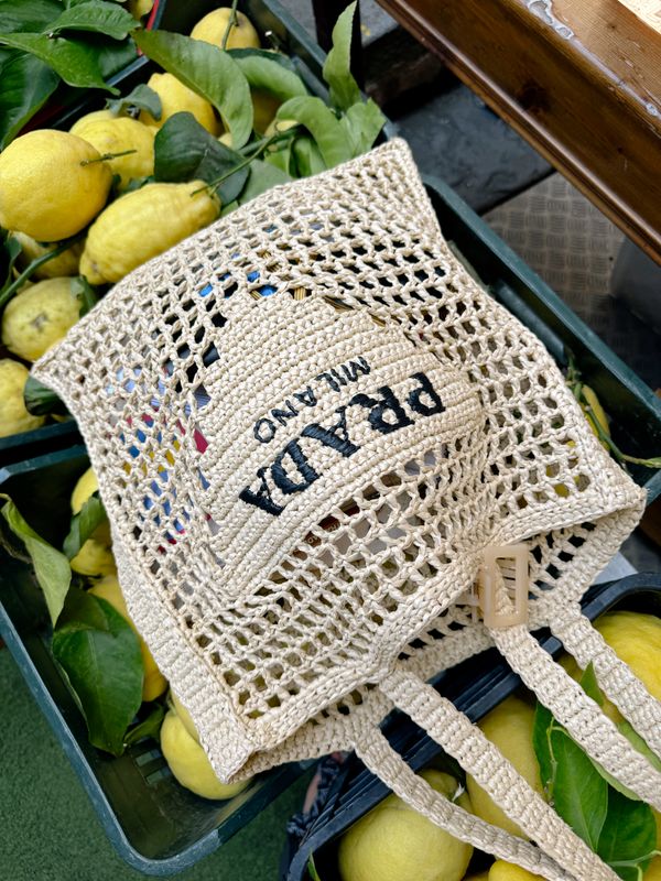 PRADA RAFFIA STRAW LOGO BEACH TOTE BAG