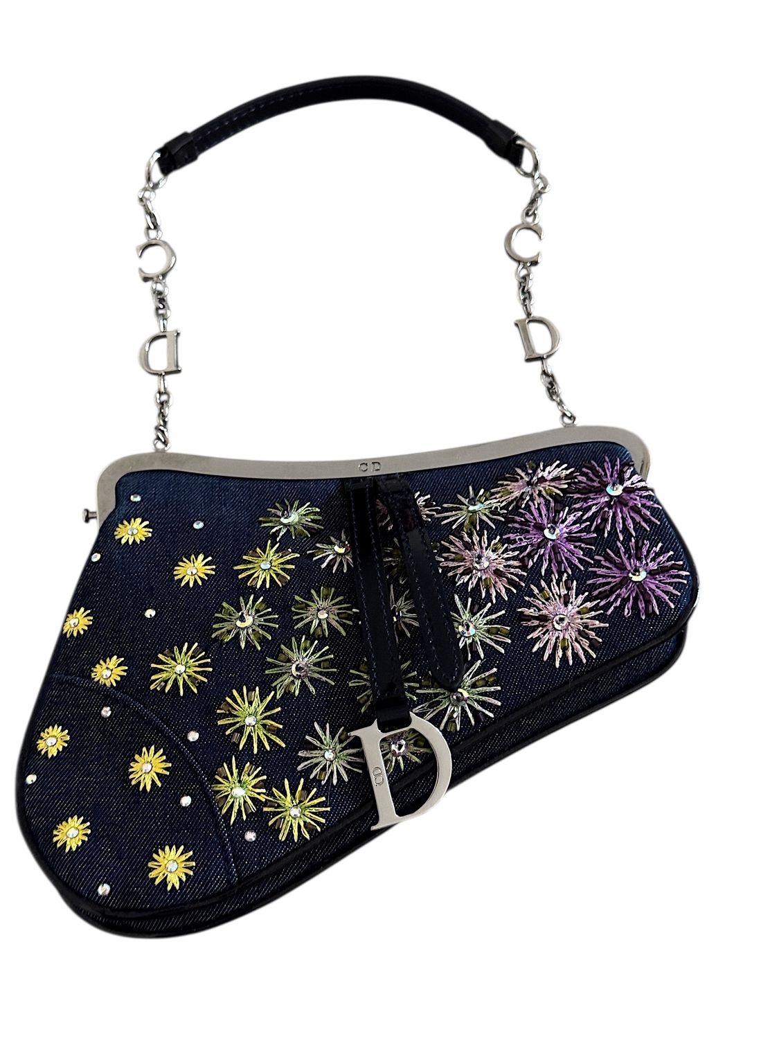 CHRISTIAN DIOR VINTAGE CD CHARM FRAMED FLORAL BEADED MINI SADDLE BAG