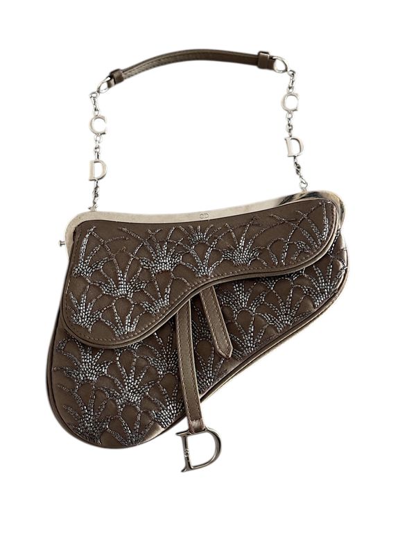 CHRISTIAN DIOR VINTAGE CD CHARM FRAMED SATIN BEADED SADDLE BAG