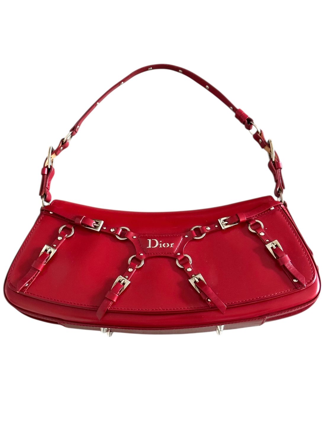 RARE CHRISTIAN DIOR VINTAGE RED BONDAGE HARNESS SHOULDER FLAP BAG GALLIANO ERA