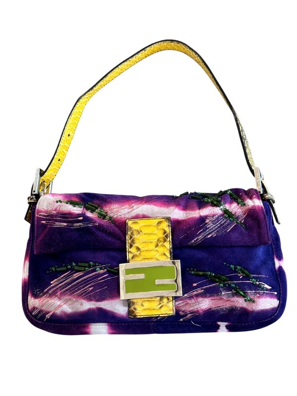 FENDI VINTAGE BEADED SUEDE BAGUETTE SHOULDER BAG WITH PYTHON TRIM DETAIL