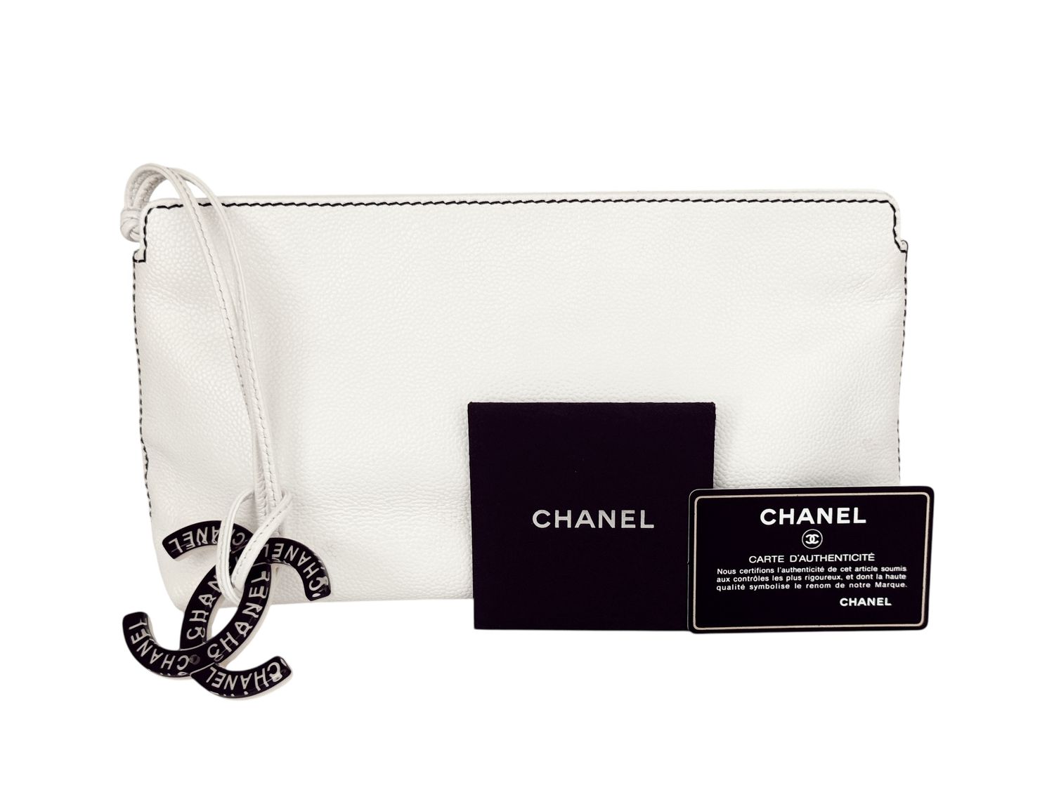 CHANEL LEATHER CLUTCH BAG W LUCITE CC LOGO CHARM